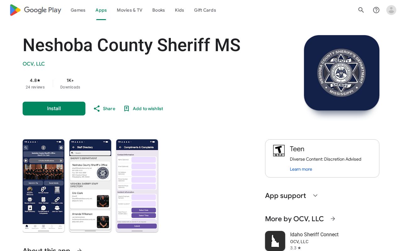 Neshoba County 24-hour release source in the official sheriff Android app listing