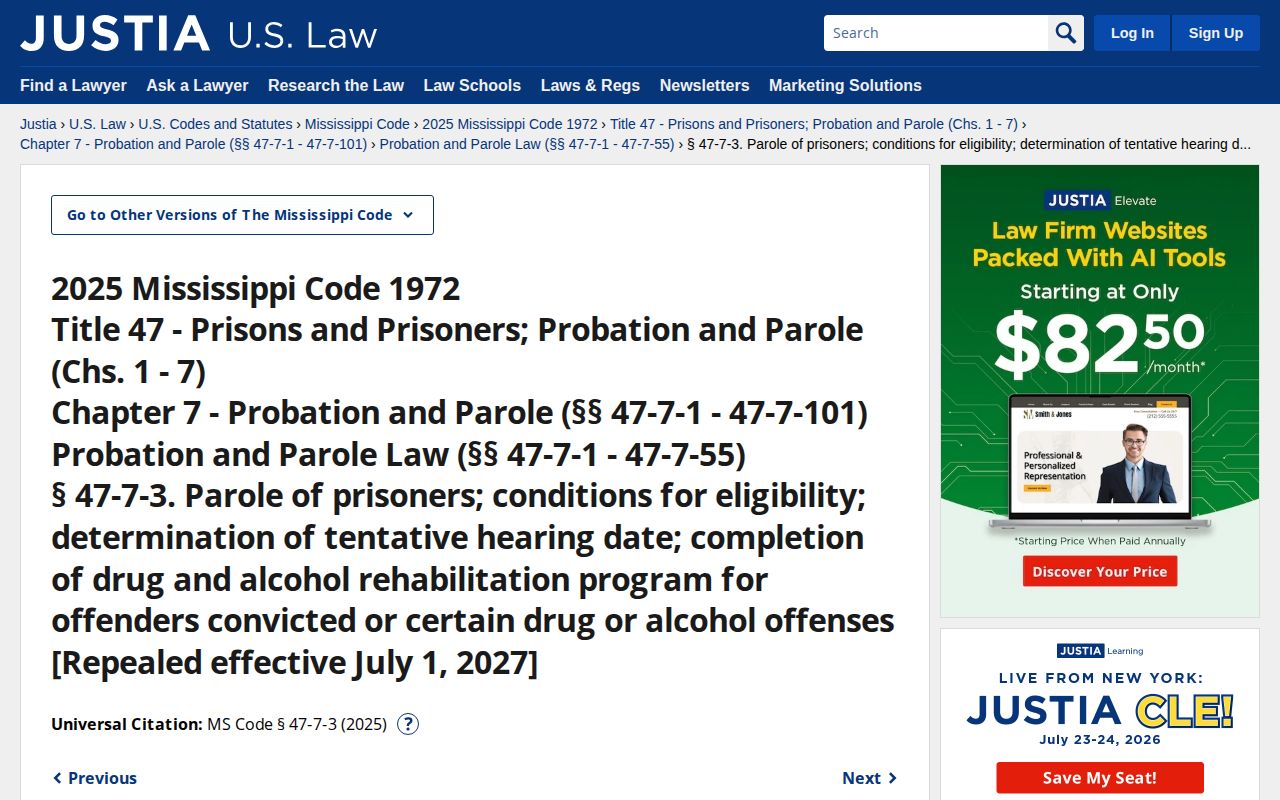 Mississippi parole statute used in Neshoba County projected release records